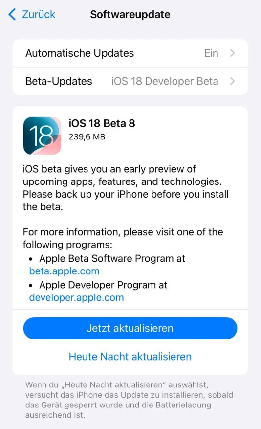 覃塘苹果手机维修分享苹果 iOS / iPadOS 18 开发者预览版 Beta 8 发布 